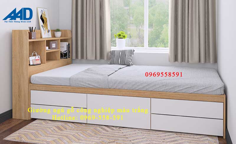 giường gỗ công nghiệp màu trắng kết hợp vân gỗ